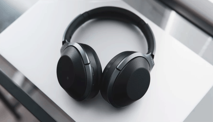 Black headphone on a desk