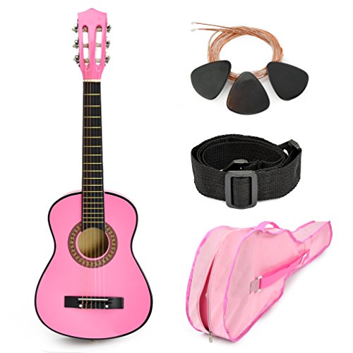 Guitarra de madera rosa con funda y accesorios  